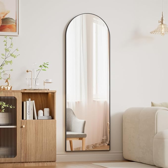 BEAUTYPEAK 14" x 48" Adjustable Height Over The Door Mirror, Arch Full Length Hanging Door Mirror with Shatterproof Tempered Glass Aluminum Alloy Frame for Bedroom, Living Room, Bathroom, Dorm, Black