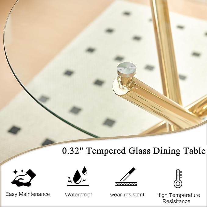 36" Round Dining Table for 4, Modern Clear Glass Kitchen Table for 4 with Gold Cross Metal Legs, Contemporary Small Circle Dining Room Leisure Tables for Kitchen Apartment