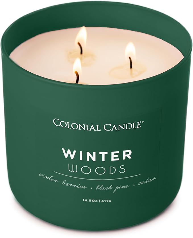Colonial Candle Winter Woods Scented Jar Candle, Pop of Color Collection, 3 Wick, Green, 14.5 oz - Up to 60 Hours Burn