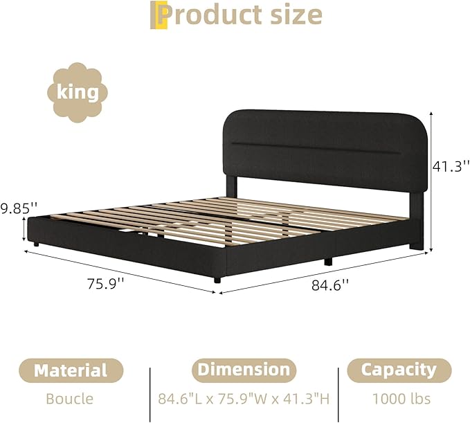 HOMBCK King Size Boucle Bed Frame, Upholstered Cloud Bed Frame with Headboard, Soft Platform Bed Frame with Thickened Footboard, Rounded Corners, No Box Spring Required, Easy Assembly, Black