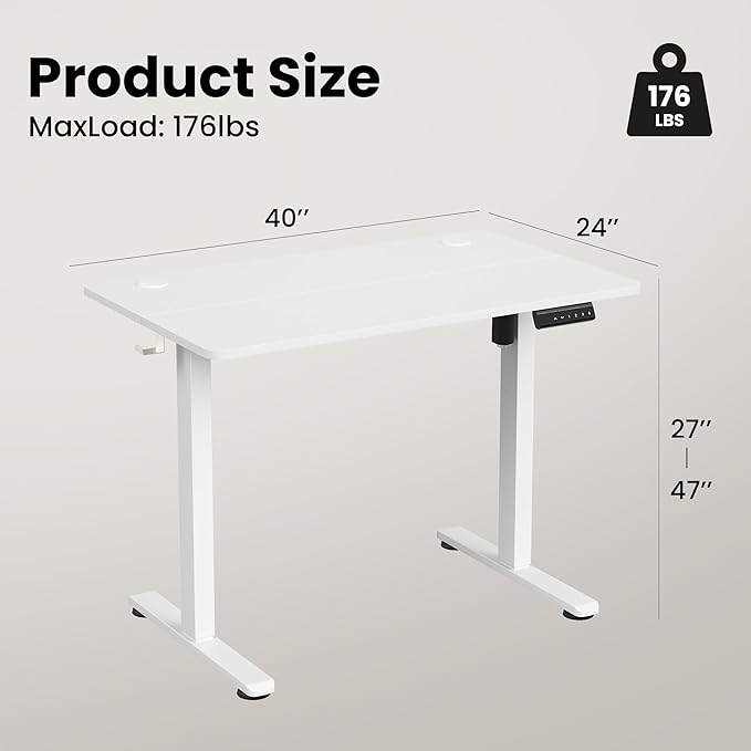 Casaphoria 40 x 24 inches Electric Standing Desk, Sit to Stand Desk with Memory Height Adjustment, Home Office Computer Desk for Writing and Games, White