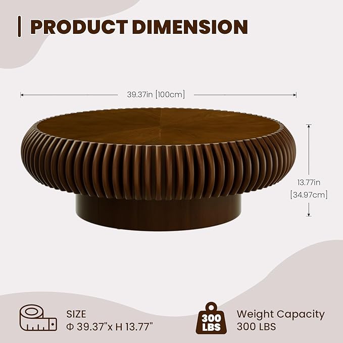 Round Drum Coffee Table for Living Room, Mid Century Modern Coffee Table with Sturdy Pedestal, Farmhouse Fluted Circle Center Table Accent Tea Table for Apartment (Large Walnut)