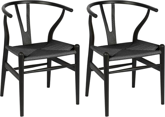 Wishbone Chair Natural Solid Wood Dining Chair/Hans Vegner Y Chair Rattan and Wood Accent Armrest Chairs Set of 2 (Ash Wood - Black)