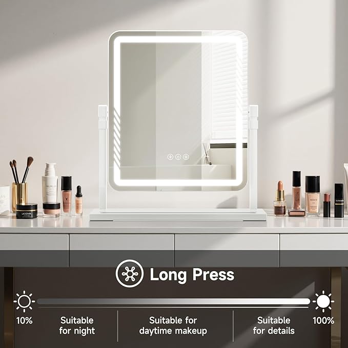 Vanity Mirror with Lights, Height-Adjustable & 360° Rotation, 1/10X Magnification, Three Color Lighting Modes, Makeup Mirror Smart Touch Control, Large Vanity Desk Mirror (17.5in,White)
