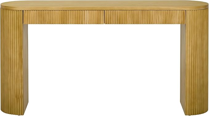 58.2-Inch Console Table with Dual Drawers, Pine Veneer, Natural Wood Grain, Striped Design, Arched Legs, Adjustable Feet for Living Room, Hallway, Foyer