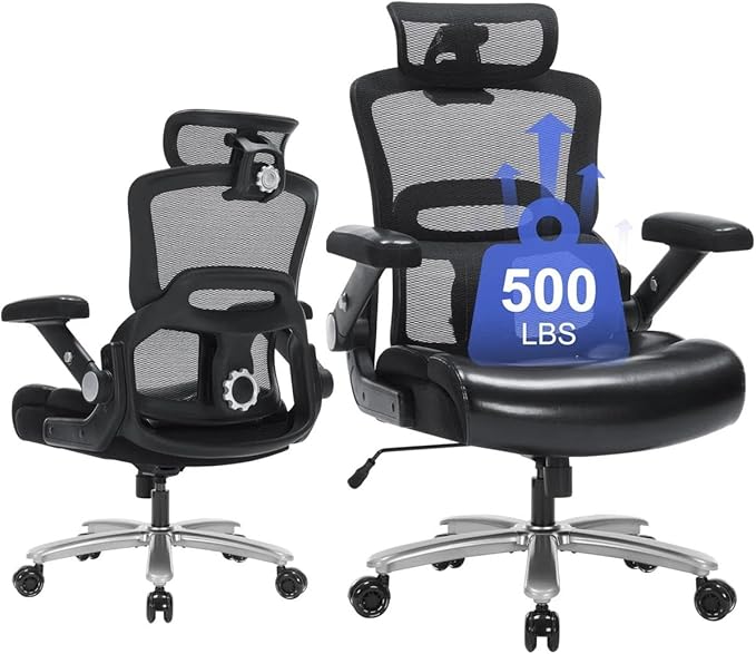 Ergonomic Office Chair:PU Leather Executive Office Computer Desk Chair with High Back Mesh and Adjustable Lumbar Support Rolling Work Swivel Task Chairs Home Meeting Computer Gaming Desk Chair-500Lbs