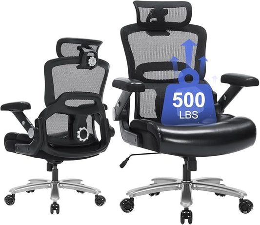 Ergonomic Office Chair:PU Leather Executive Office Computer Desk Chair with High Back Mesh and Adjustable Lumbar Support Rolling Work Swivel Task Chairs Home Meeting Computer Gaming Desk Chair-500Lbs