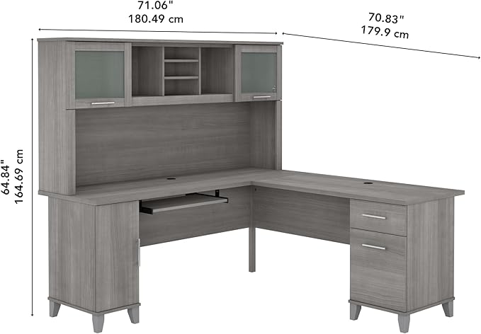 Bush Furniture Somerset L Shaped Desk with Hutch in Platinum Gray | Corner Computer Table with Drawers, Cabinets and Pullout Keyboard/Laptop Tray for Home Office