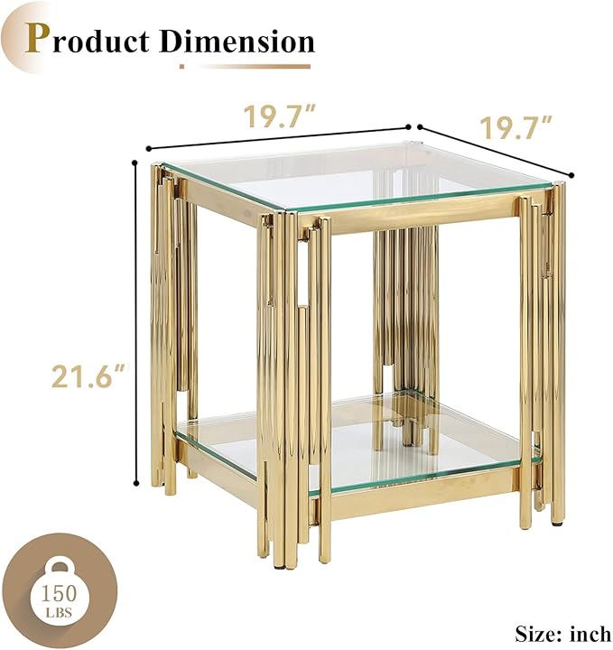 Goujxcy Glass Coffee Table and End Table Set of 3, Luxury Coffee Table Set with Tempered Glass & Gold Stainless Steel Legs, 3 Piece Living Room Table Set for Bedroom Home Office