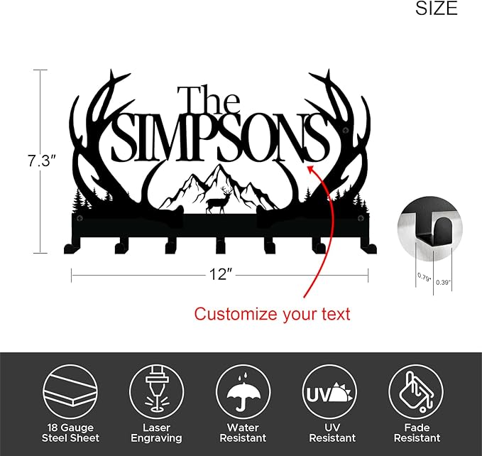 NIWAHO Personalized Family Name Metal Wall Sign with Hooks – Rustic Deer Antler Key Holder Wall Mount Customized Name for Entryway, Mudroom, Kitchen, or Bathroom Decor