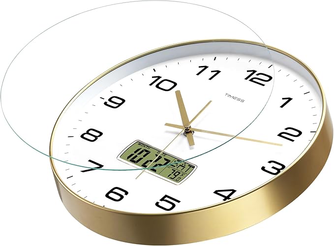 Wall Clock, 14" Large Dial Non-Ticking Silent Battery Operated Analog with LCD Display for Perpetual Calendar and F° Temperature, Ideal Modern Home, Bedroom, Office Decor (Gold)