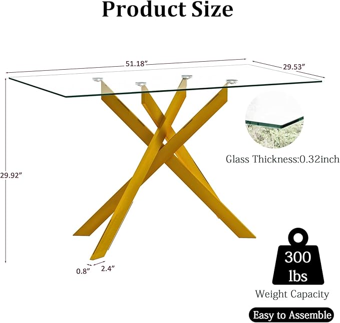 51.2" Glass Dining Table, Modern Kitchen Table for 4-6 People, Contemporary Rectangular Dining Room Dinner Tables with Clear Glass Top & Gold Metal X Legs for Kitchen Apartment