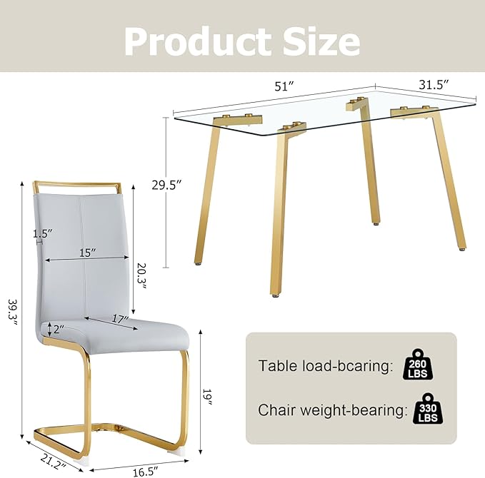 Dining Table Set of 4,51" Rectangle Tempered Glass Tabletop with Golden Metal Legs,Kitchen Room Table with 4 Light Grey Faux Leather Chairs,Dinner Table Set for Dining Room Office