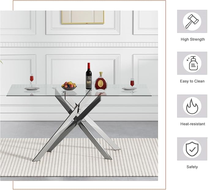Goujxcy Modern Glass Dining Table Set for 4, Glass Silver Kitchen Table and Chairs Set, 5 Piece Dining Room Table Set with 51" Rectangle Dinner Table and 4 White Leather Dining Chairs