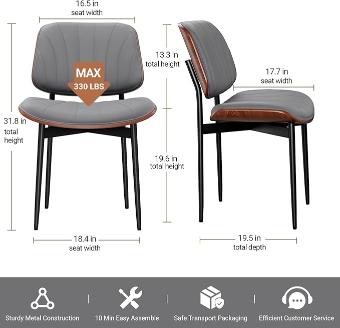 Dining Chairs Set of 8, Mid-Century Modern Upholstered PU Leather Chairs with Walnut Back and Metal Legs Adjustable Feet for Kitchen Dining Room, Dark Gray Shell Strips