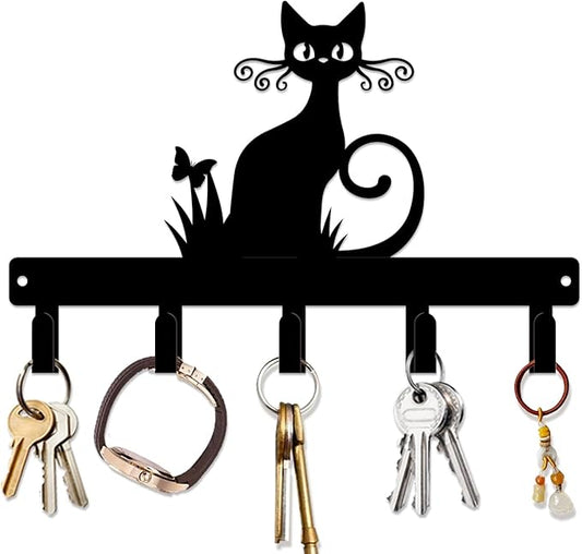 magilab Cat-Themed 10-Inch Iron Key Hooks with 5 Hooks, Black Wall Organizer - Cute Cat Design for Home Decor, No Drill & Screw-in Options (Style E)