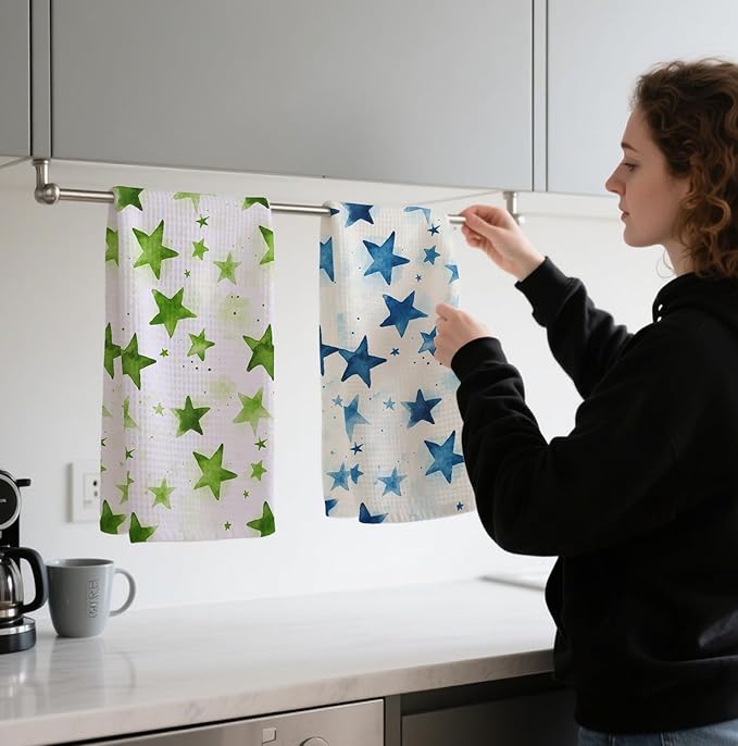 2-Pack Watercolor Star Towel, Star Waffle Towels, Nursery & Bathroom Hand Towel, 16x24 Inch Blue & Green Dish Tea Towel Decor for Kitchen & Nursery & Bathroom, Gift For Friends & Homeowners.