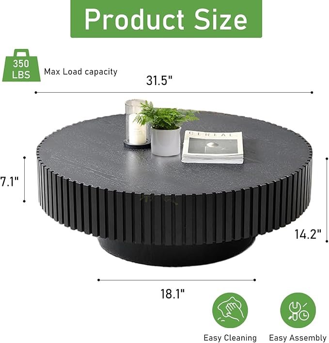Round Coffee Table for Living Room, 31.5'' Modern Handcraft Drum Coffee Table Unique Fluted Coffee Tables Wood Center Table End Table for Small Space, Farmhouse Apartment Office (Round Black)