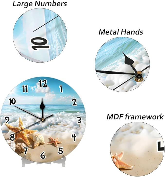 Ocean Sea Beach Starfish Seashell Wall Clock Battery Operated 10 in Round Wall Clocks Slilent Non Ticking Quartz Analog Clock for Bedroom Kids Living Room Classroom Decor