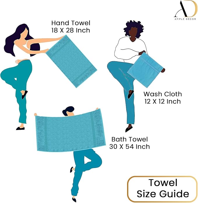 Ample Decor Towels for Bathroom, 6 Pieces Gift Set,100% Cotton Soft Quick Dry, 2 Bath Towels, 2 Hand Towels, 2 Wash Cloths - for Hotel, Spa, Gym - Sky Blue