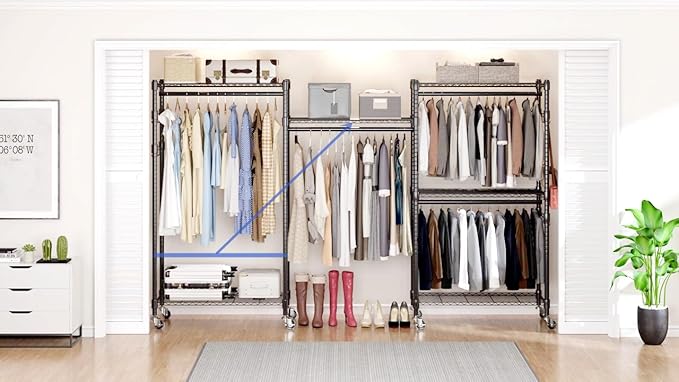 BATHWA Rolling Garment Rack Portable Closet Clothes Rack for Hanging Clothes, Metal Wardrobe Clothing Rack with Wheels and 8 Side Hooks, Double Rods, Adjustable Shelves, Gray