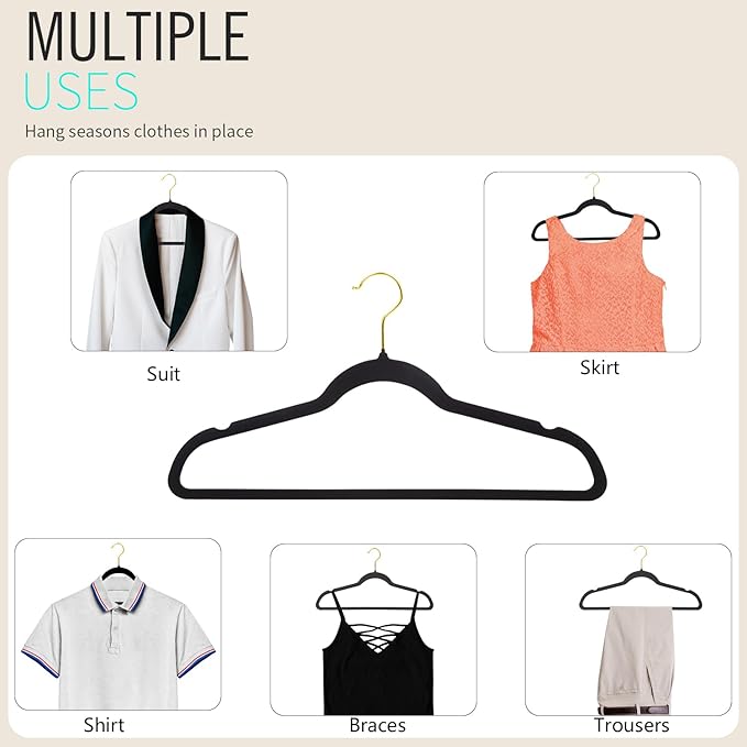 ManGotree Velvet Coat Hangers with 360° Swivel Gold Hook, Non-Slip Felt Suit Hangers, Slim Space Saving Clothes Hanger for Jacket, Sweater, Shirt, Dress, Pants (48 Pack, Black)