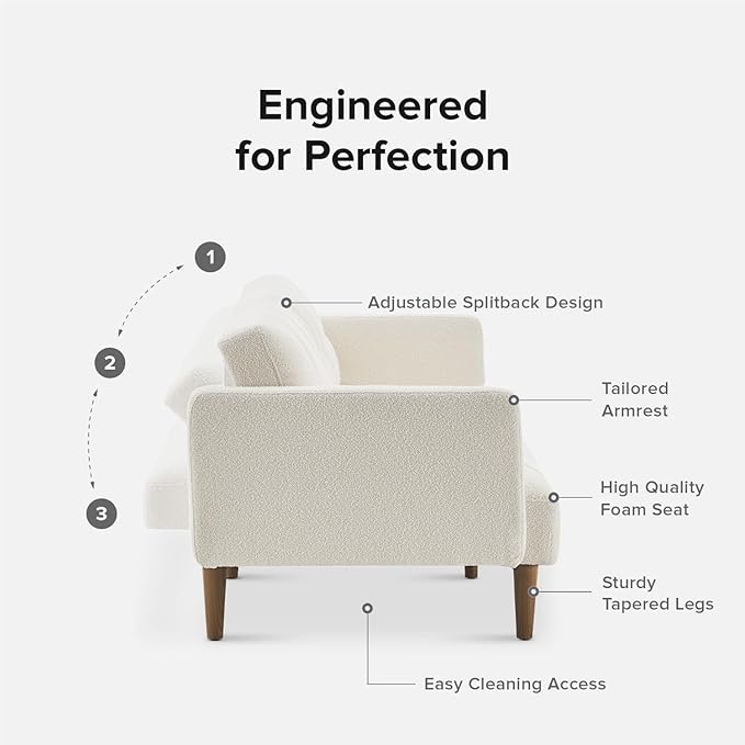 mopio 76.4" Futon Sofa Bed, Couch, Loveseat, Sleeper Sofa, Mid Century Modern Futon Couch, Sofa Cama, Couches for Living Room (Aaron, Pearl White Boucle)