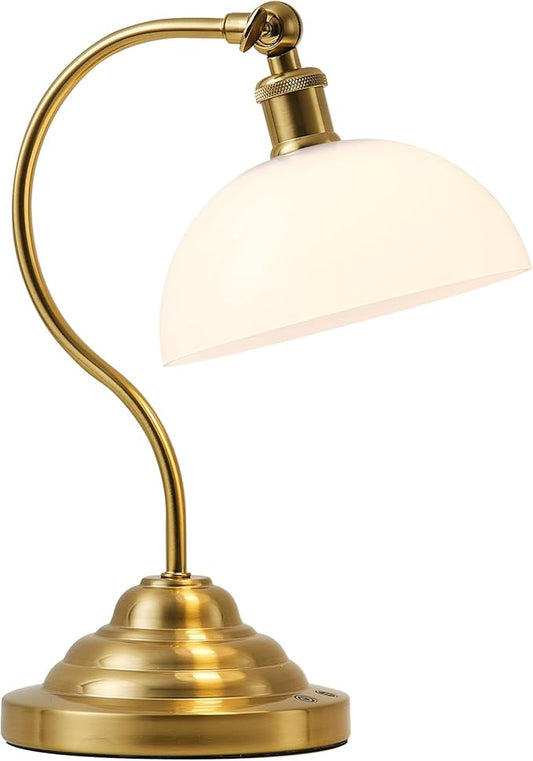 Cordless LED Table Lamp, 180° Swing Arm Desk Lamp, Battery Operated,Dimmable/3 Color, Vintage Rechargeable Table Light for Living Room,Bedroom,Bedside, White Shade, Brass