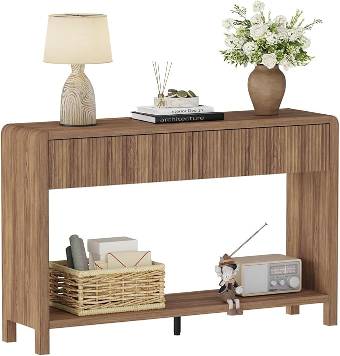 FATORRI Console Sofa Table for Entryway, Wood Foyer Tables for Living Room, Farmhouse Couch Table behinde Sofa with 2 Drawers for Hallway Storage (47.2 inch, Walnut)