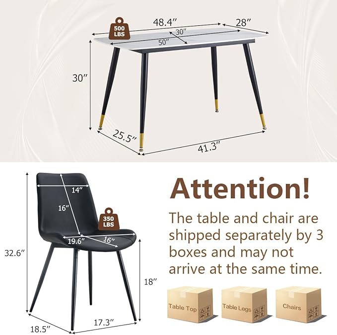 50'' Dining Table Set for 4, Dining Room Sets for 4, Sintered Stone Dining Table Chairs Set of 4, Easy to Assemble，Suitable for Small Spaces