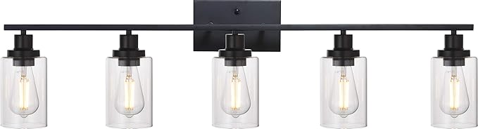 MELUCEE 40 Inches Length 5-Light Bathroom Vanity Light Fixtures Black Industrial Wall Sconce Lighting with Clear Glass Shade for Living Room Bedroom Hallway Kitchen (Patent No.: US D963914 S)