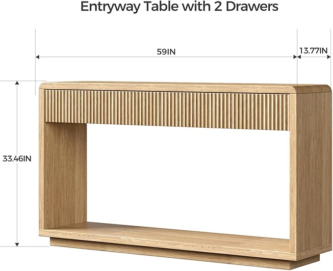 Evermagin 59'' Oak Entryway Table with Drawers, Boho Fluted Console Table, Sofa Table with Storage for Living Room, Entrance, Hallway