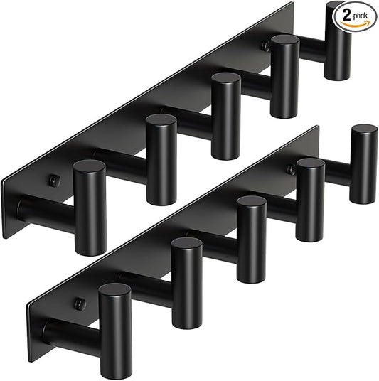 HUFEEOH 2 Pack Coat Hooks Wall Mount, Black T Shaped 5 Hooks Stainless Steel Wall Hooks Towel Rack for Hanging, Heavy Duty Key Holder Hat Rack Used for Bathroom Mudroom Entryway