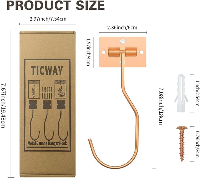 Banana Hanger Hook – Space Saving Banana Holder Hanger to Keep Bananas Fresh, Self Adhesive and Screw Banana Hook 1Pack Rose Gold