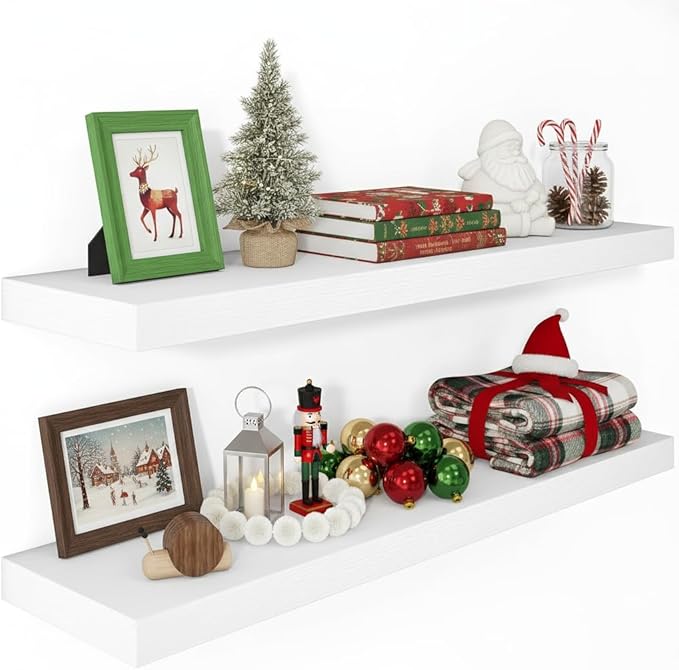 Vivelove 12 Deep Floating Shelves for Wall, 24/36/48/55 Inch Shelves for Room Wall Mounted, 2" Thick Floating Shelf for Living Room Bedroom Bathroom Kitchen Laundry Room, Set of 2 White