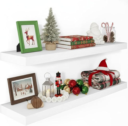 Vivelove 12 Deep Floating Shelves for Wall, 24/36/48/55 Inch Shelves for Room Wall Mounted, 2" Thick Floating Shelf for Living Room Bedroom Bathroom Kitchen Laundry Room, Set of 2 White