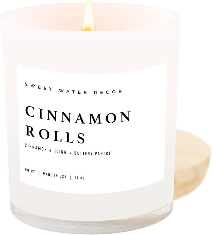 Sweet Water Decor Cinnamon Roll Candle - Cinnamon, Icing, Buttery Pastry Cinnamon Scented Candles for Fall - 11oz White Jar and Wood Lid, 50+ Hour Burn Time, Made in The USA