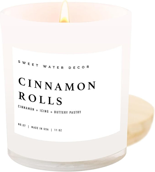 Sweet Water Decor Cinnamon Roll Candle - Cinnamon, Icing, Buttery Pastry Cinnamon Scented Candles for Fall - 11oz White Jar and Wood Lid, 50+ Hour Burn Time, Made in The USA