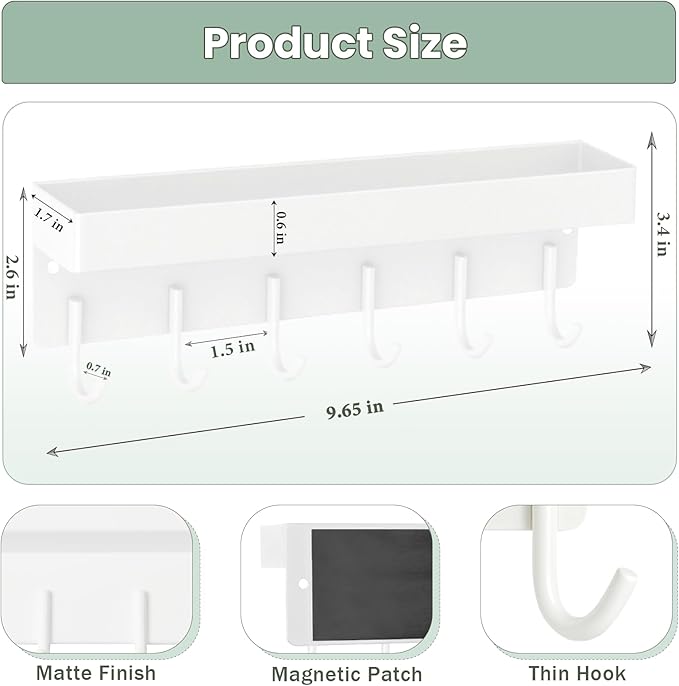 Magnetic Key Holder Wall Mount, Small Metal Key Rack with Tray, 9.6 Inch, 6 Hooks, 2 Installation Options, White