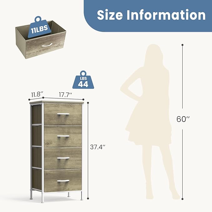 DUMOS Nightstand with 4 Drawers Bedside Table with Removable Fabric Bins Sturdy Steel Frame Wood Top Organizer Furniture for Bedroom Closet Living Room,Oak Greige