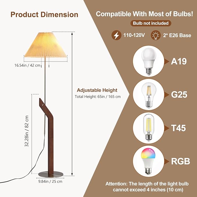 Wood Floor Lamp,2-Light Modern Mid Century Vintage Floor Lamp, Height Adjustable Living Room, Study Room,Bedroom,Office Tall Standing Lamp,Linen Lampshade