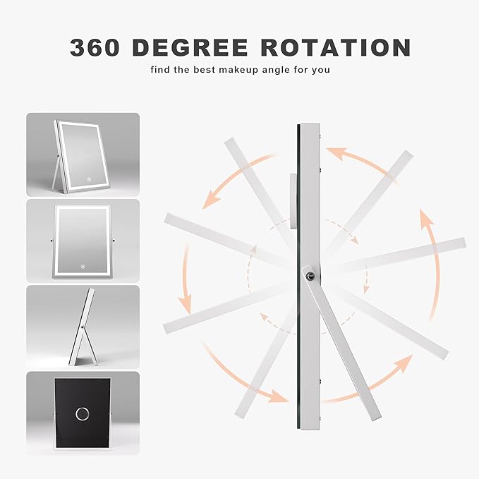 Hasipu Vanity Mirror with Lights and Bluetooth Speaker, 10.6" x 13.8" LED Makeup Mirror with 10X Magnification, Smart Touch 3 Colors Dimmable, Brightness Adjustment, 360° Rotation, White