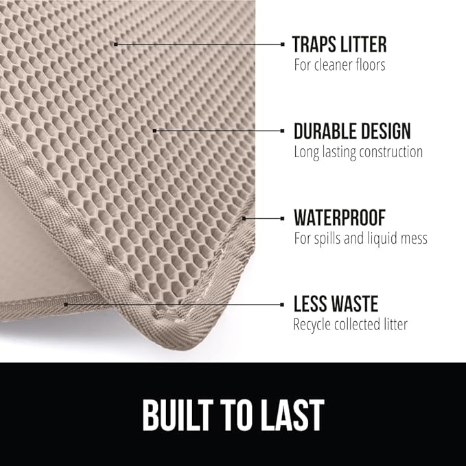 GORILLA GRIP Honeycomb Cat Litter Box Mat, Two Layer Trapping Waste Mats, Soft On Paws, Litter Box Supplies and Essentials for Indoor Cats, Traps Excess, Water Resistant for Floors, 24x15 Beige