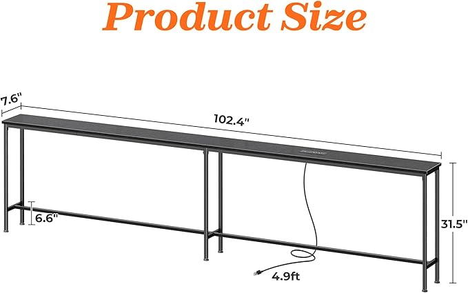 SUPERJARE 102.4 Inch Sofa Table with Power Outlets and USB-C Port, 5.9 Inch Narrow Console Tables, Entryway Hallway Couch Tables with Storage, Behind Sofa, Small Spaces, Living Room, Black