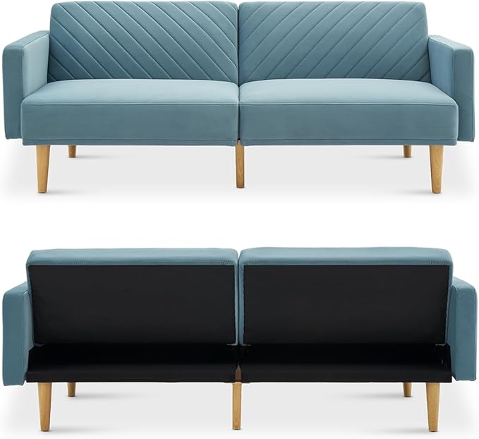 mopio 76.4" Futon Sofa Bed, Couch, Loveseat, Sleeper Sofa, Mid Century Modern Futon Couch, Sofa Cama, Couches for Living Room (Sky Blue Premium Velvet)