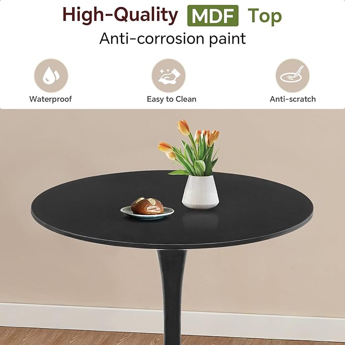 Small Space 27.5 Inch Black Round Tulip Dining Table - Modern Pedestal Base Kitchen Table for 2-4 People - Easy Assembly & Easy to Clean