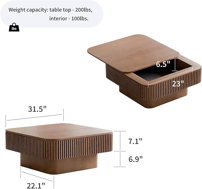 Square Coffee Table for Living Room,Fluted Drum Accent Tea Center Table with Storage,Solid Wood Modern Coffee Tables for Small Space Office Apartment (31.5" L×31.5''W×14''H-Walnut)