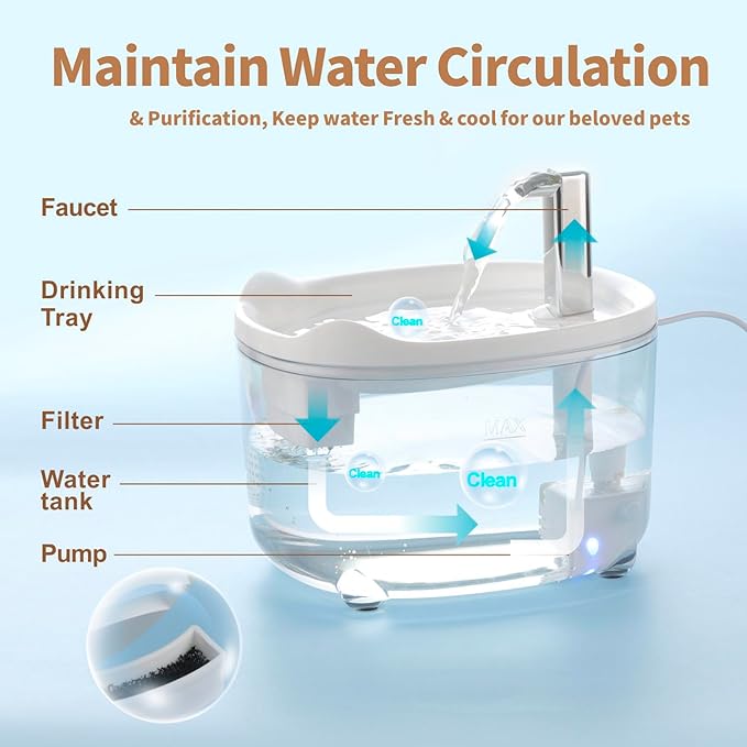 Cat Water Fountain - Automatic 50oz Pet Water Fountain for Cats Kitten Dogs, Pet Water Dispenser for Drinking with Silent Pump (Clear & White)
