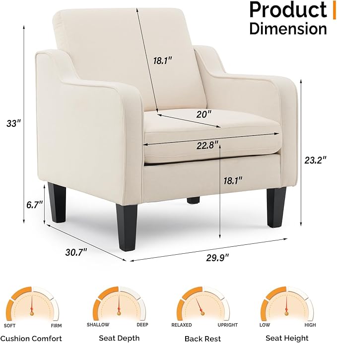 VINGLI Beige Accent Chairs for Living Room, Line Comfy Upholstered Chair Mid Century Modern Armchair for Bedroom, Home Office, Small Spaces, Apartment