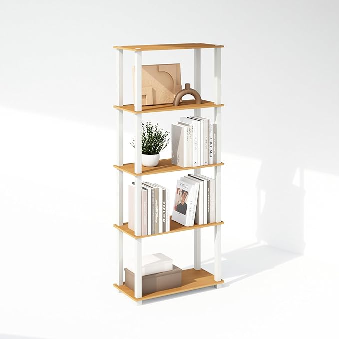 Furinno Turn-S-Tube Storage Shelves Set of 2, 3-Tier Book Shelf, Corner Shelf, Toolless Open Shelves, Square Tubes, for Organization and Storage, Living Room, Garage, Home Office, Beech